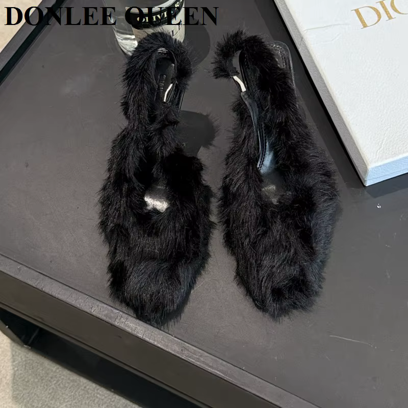 Sandales pointues à bride arrière pour femmes, chaussures à talons hauts, conception de fourrure à e