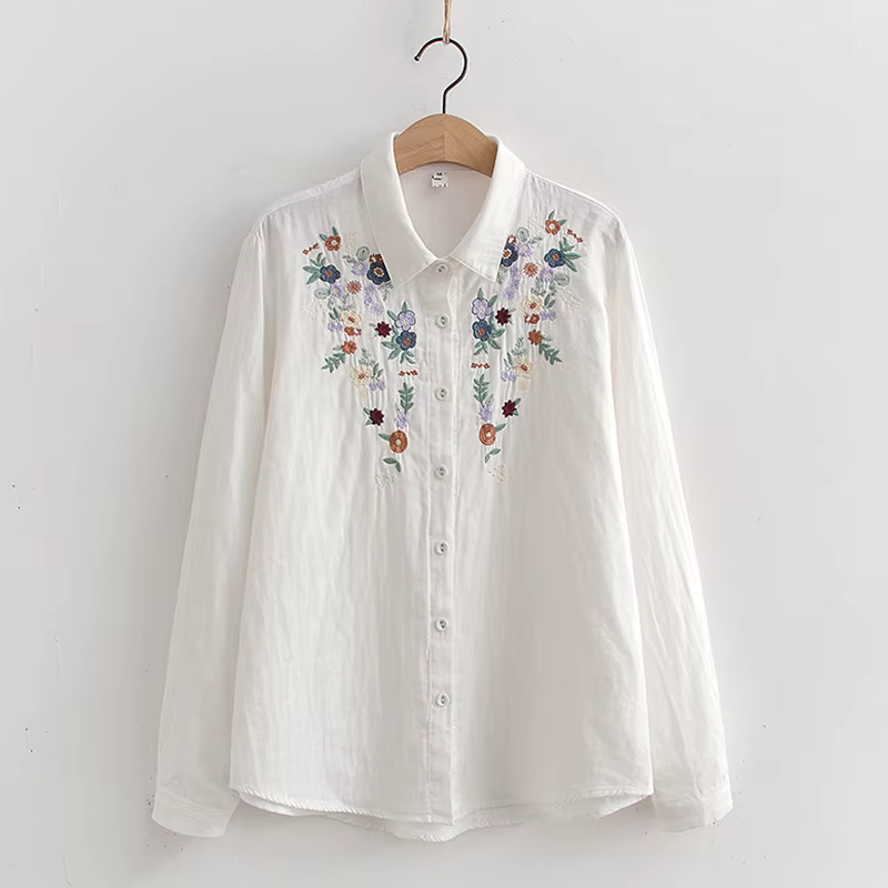 Chemise brodée de fleurs en fil double couche pour femmes, chemisier en coton femme, manches longues