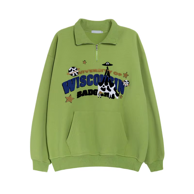 Avocat vert mignon vache broderie POLO sweat demi fermeture éclair ample décontracté étudiants fille