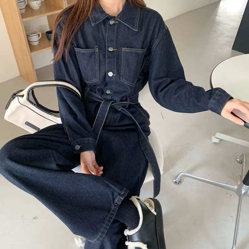 Combinaison en jean ample à taille élastique, couleur unie, style coréen, nouvelle collection printe