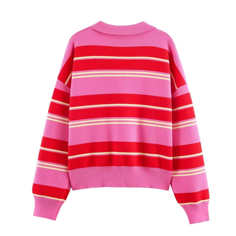 Pull en maille rayé rose et rouge - Haut ample à col rabattu et manches longues pour femme, tenue dé
