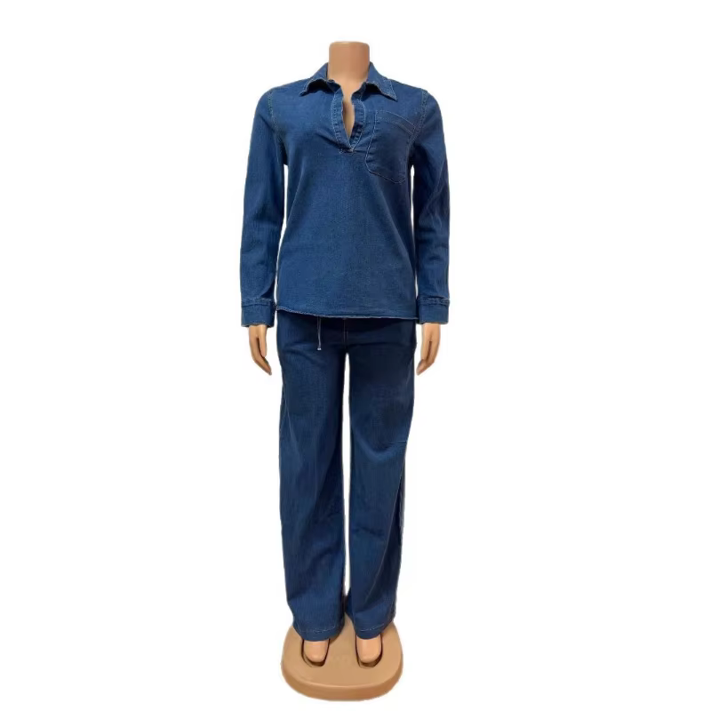 Ensemble deux pièces en jean pour femmes, col rabattu, chemise en jean, hauts, jambes larges, pantal