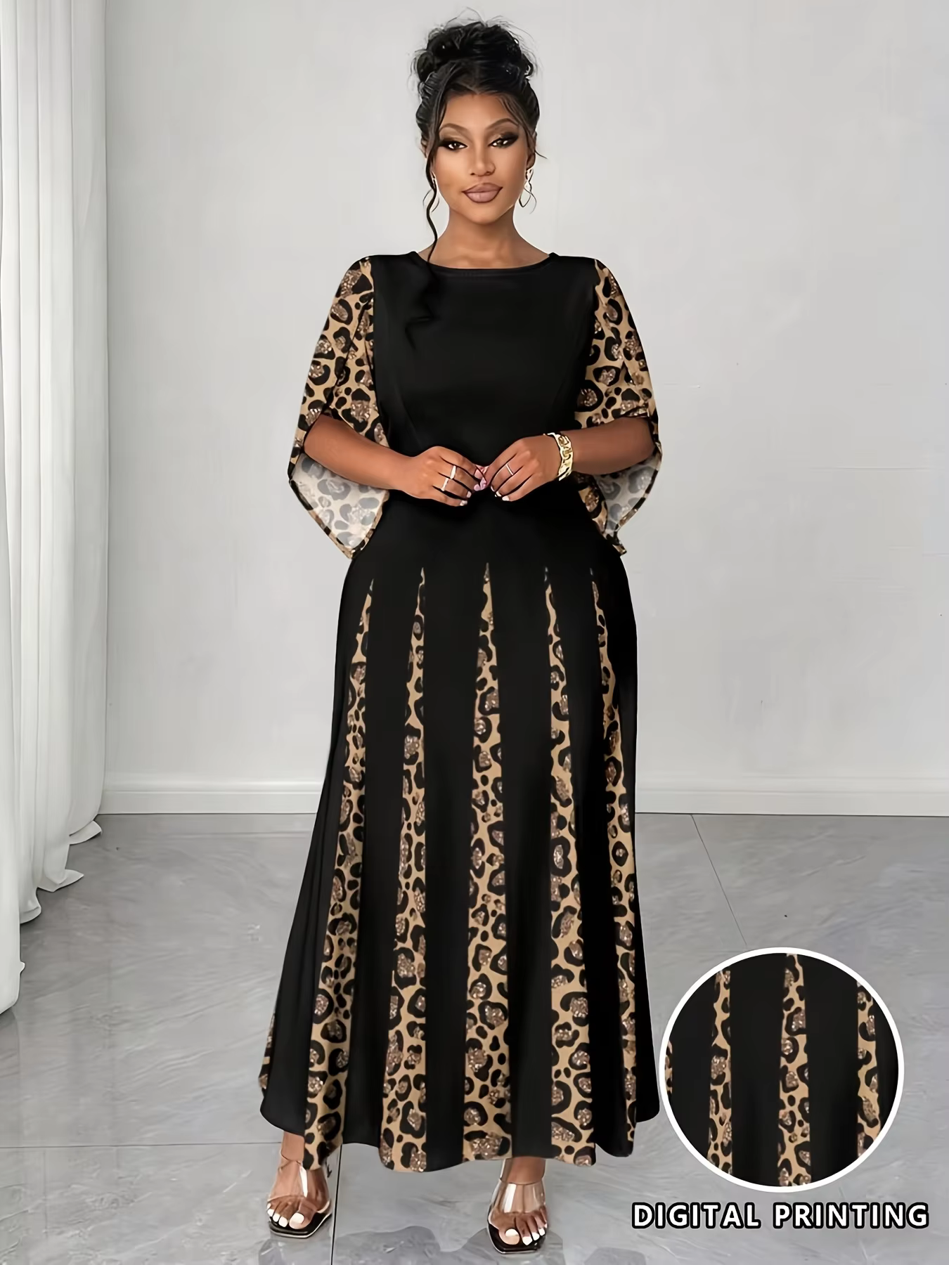 Robe maxi élégante à imprimé léopard, robe longue à manches longues tendance grande taille, vêtement