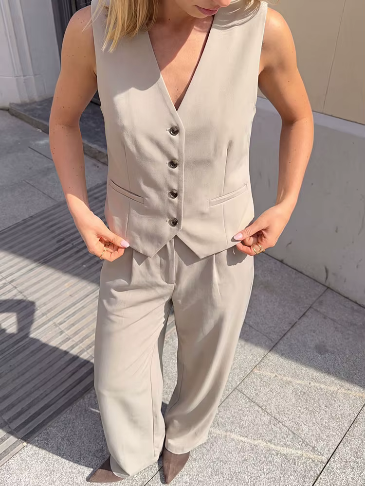 Ensemble 2 pièces pour femme : Gilet sans manches boutonné et pantalon large – Tenue décontractée po