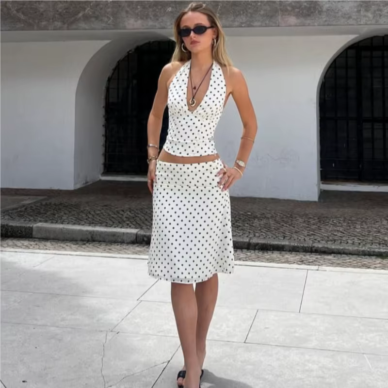 TARUXY femme à pois jupe costume été nouvelle fête à lacets Sexy cou monté haut taille basse jupe ép