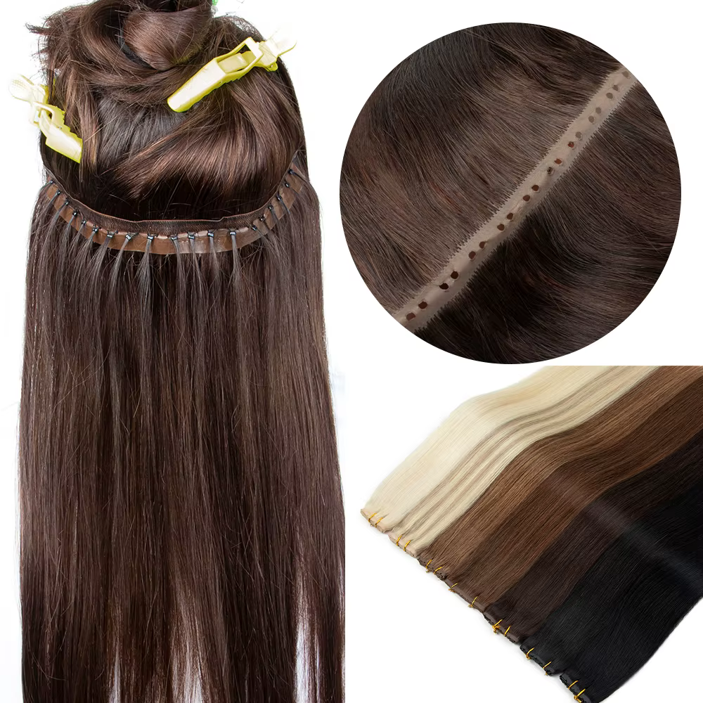 Extensions de cheveux naturels Butterfly Weft, invisibles, en PU plat avec trous, double languette,