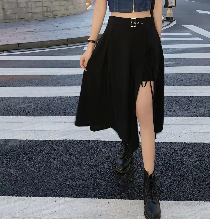 Jupes mi-mollet à fente haute gothique foncé vintage pour femmes, mode élégante, fête, club, taille
