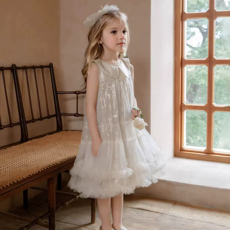 Robe d'été UNITIM pour fille, col Peter Pan, en maille scintillante, robe de princesse pour fête d'a