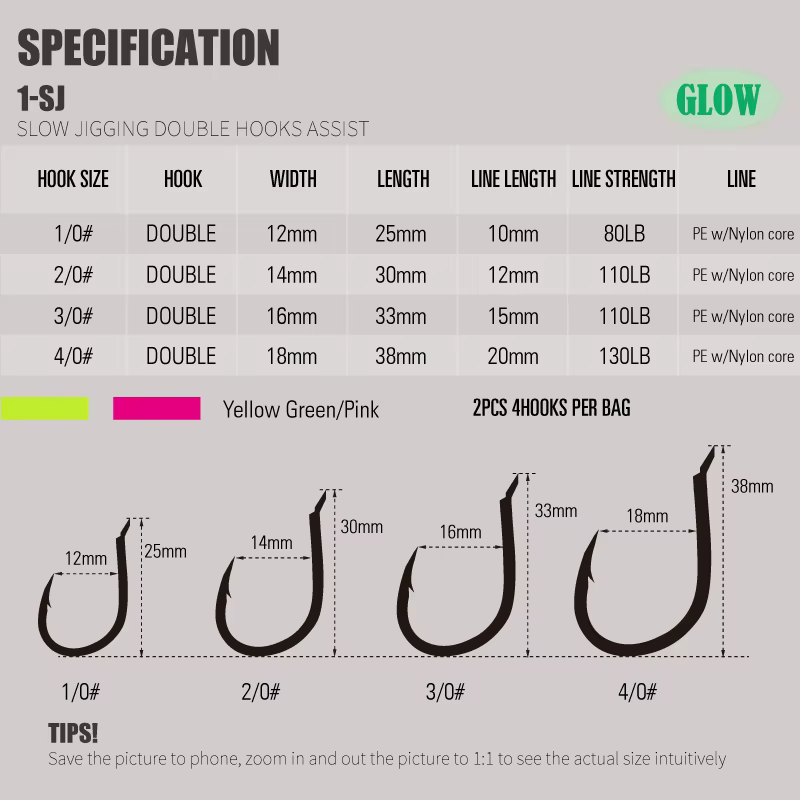 1-SJ – double assistance à gabarits lent avec crochets Mustad, hameçons de gabarits lumineux, hameço