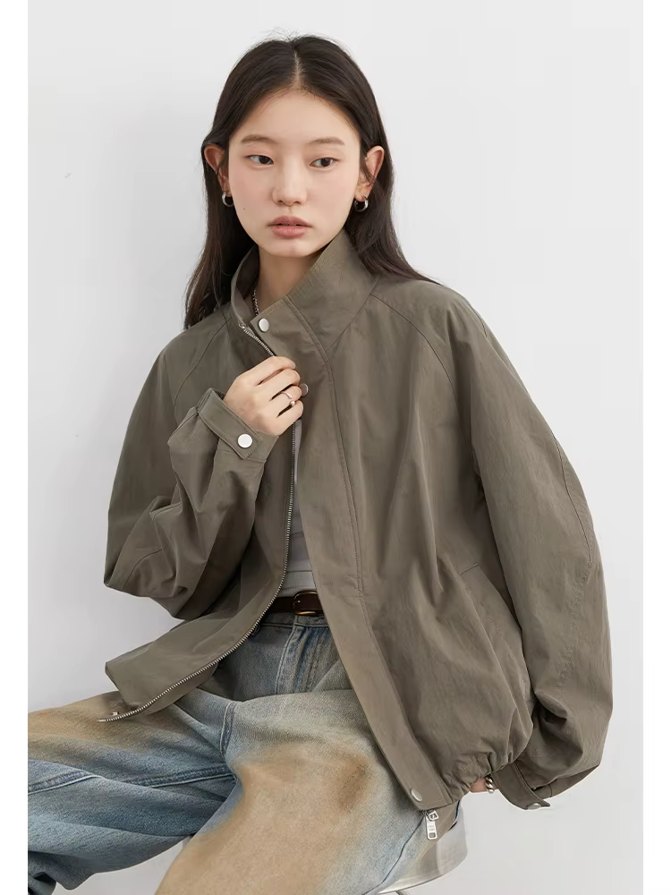 CHIC VEN Blouson court pour femme, style coréen, uni, décontracté, coupe ample, col montant, avec co