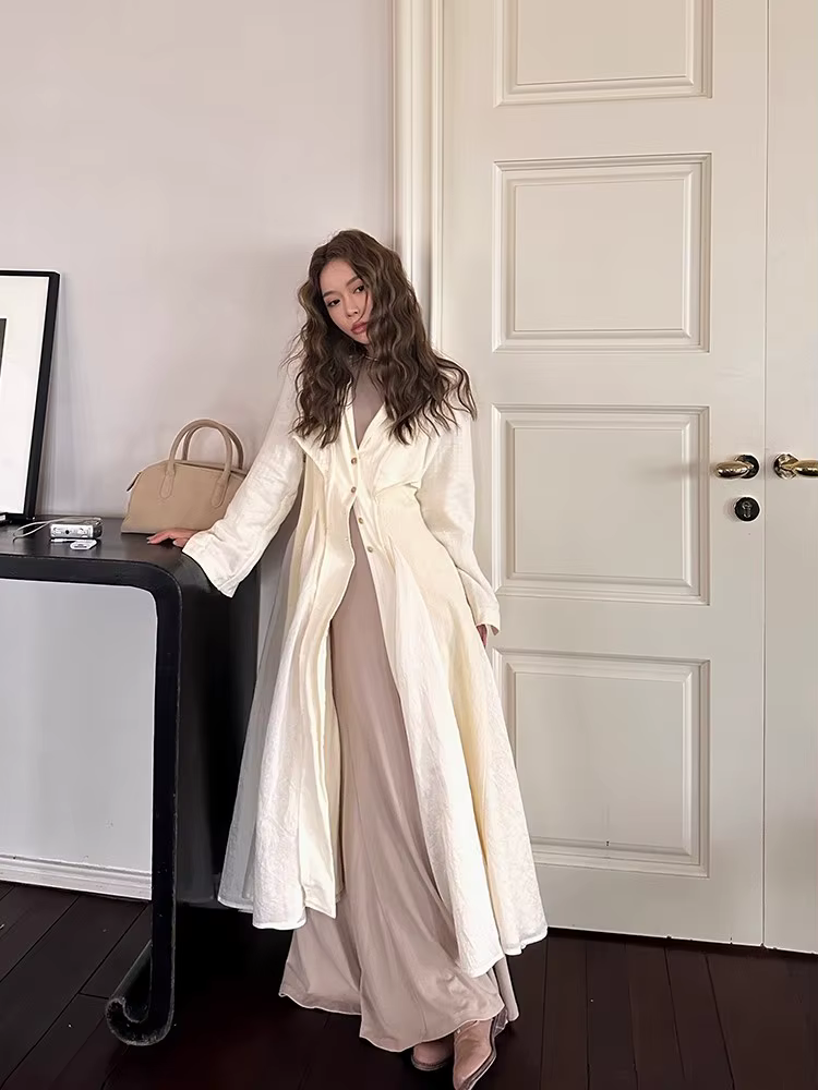 Lautaro automne Long mince coupe fluide et évasé manteau en lin pour les femmes noir élégant Chic lu