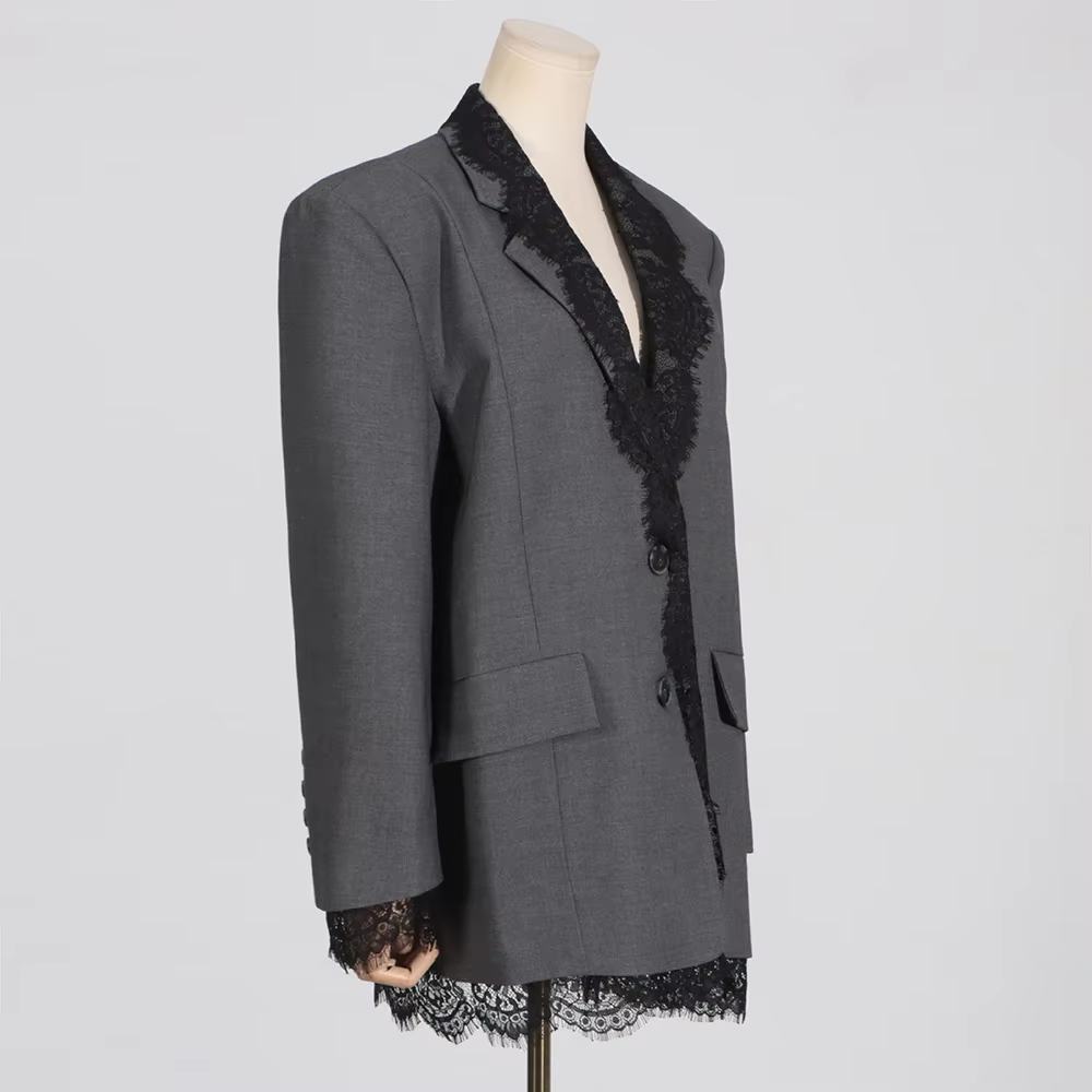 VGH-Blazer Chic en Dentelle Épissée pour Femme, Col Cranté, Manches sulf, Style de Vêtement Féminin