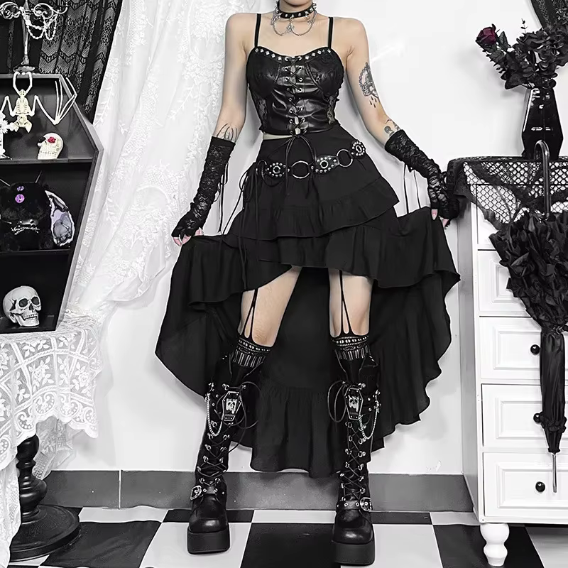 Goth foncé Kawaii noir jupes à plusieurs niveaux 90S rétro ourlet irrégulier bas de fête centre comm