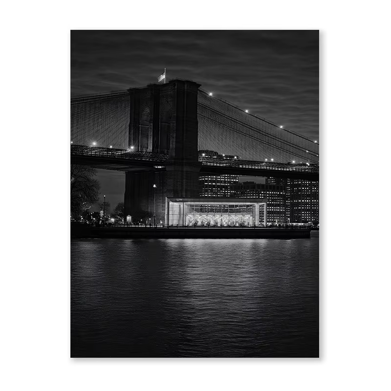 Affiche de paysage nocturne de la ville de New York, noir et blanc, pont de Brooklyn, skyline de Man