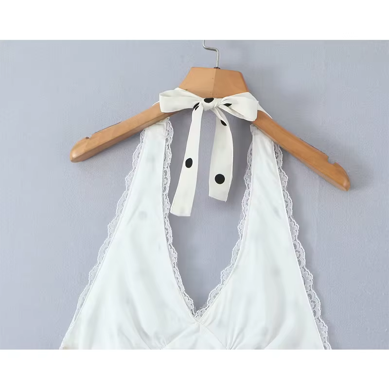 YENKYE dentelle épissé à pois Robe licou femmes élégant a-ligne Mini Sexy dos nu robes Robe d'été 20
