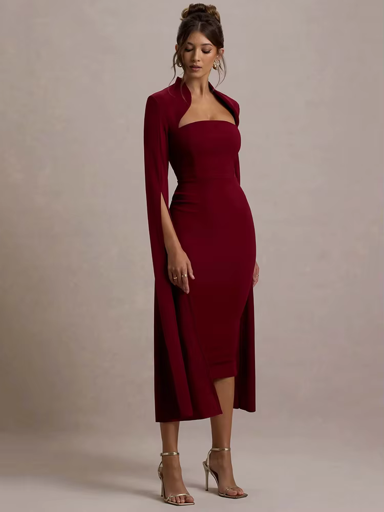 Mozision Cape à manches longues Sexy robe mi-longue pour les femmes automne hiver nouveau col carré