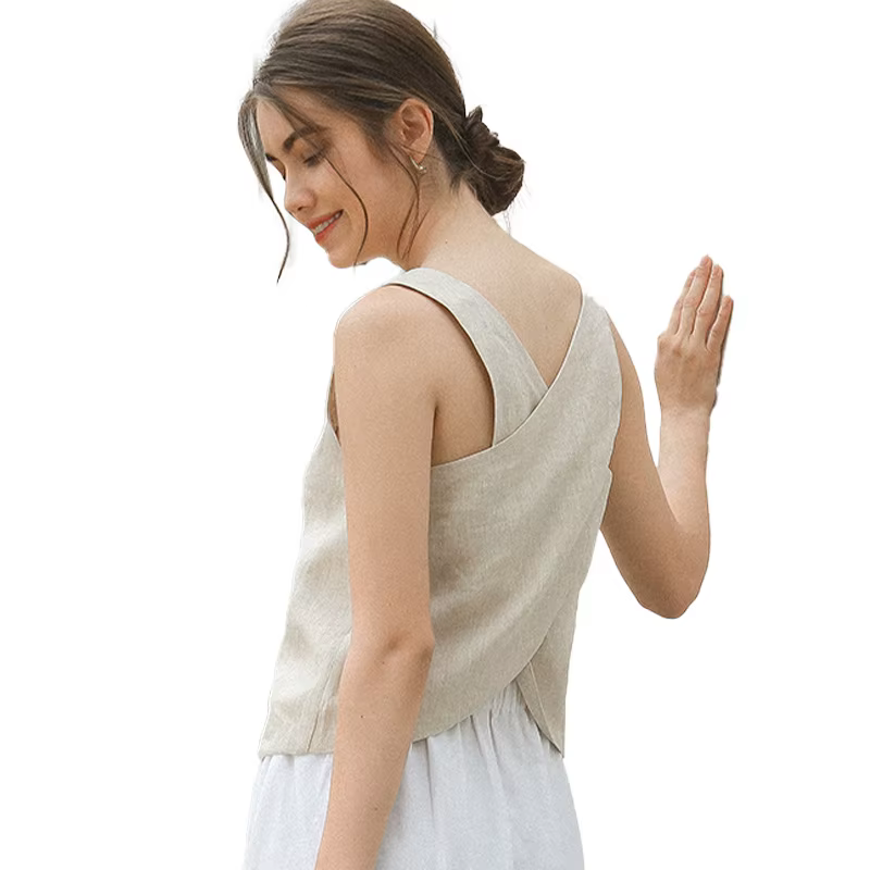 100% haut en lin femmes décontracté solide dos croisé Patchwork débardeur été hauts Haut Femme vêtem