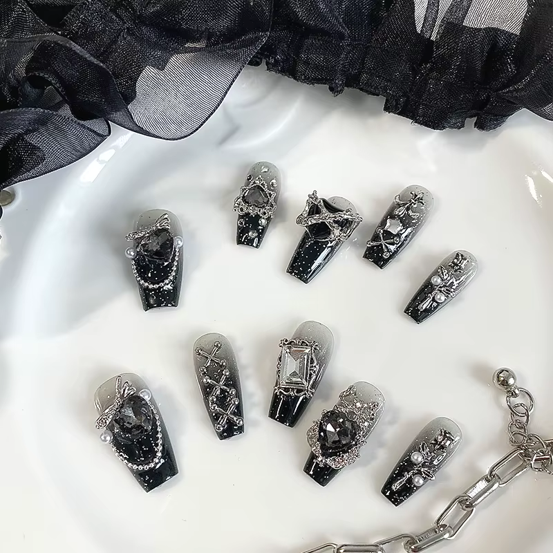 10 pièces d'ongles en forme de cercueil faits à la main, beaux faux ongles, nail art gothique foncé,