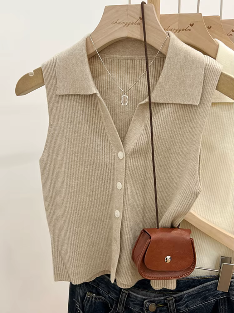 Cardigan tricoté de couleur unie pour femmes, pull coréen sans manches à simple boutonnage, col rond