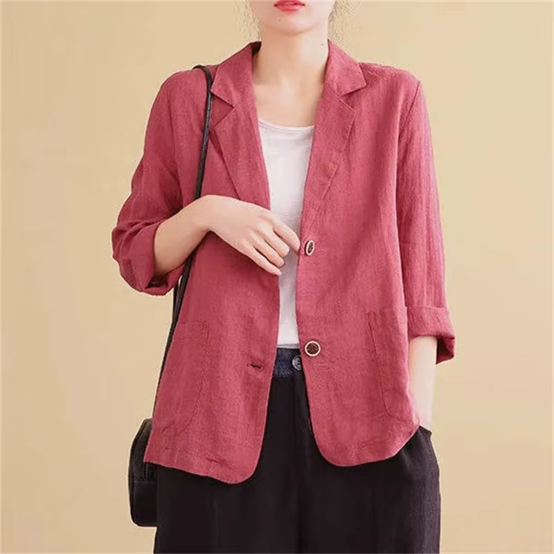 Costumes en coton et lin monochromes pour femmes, blazer fin à manches trois-quarts, veste de protec