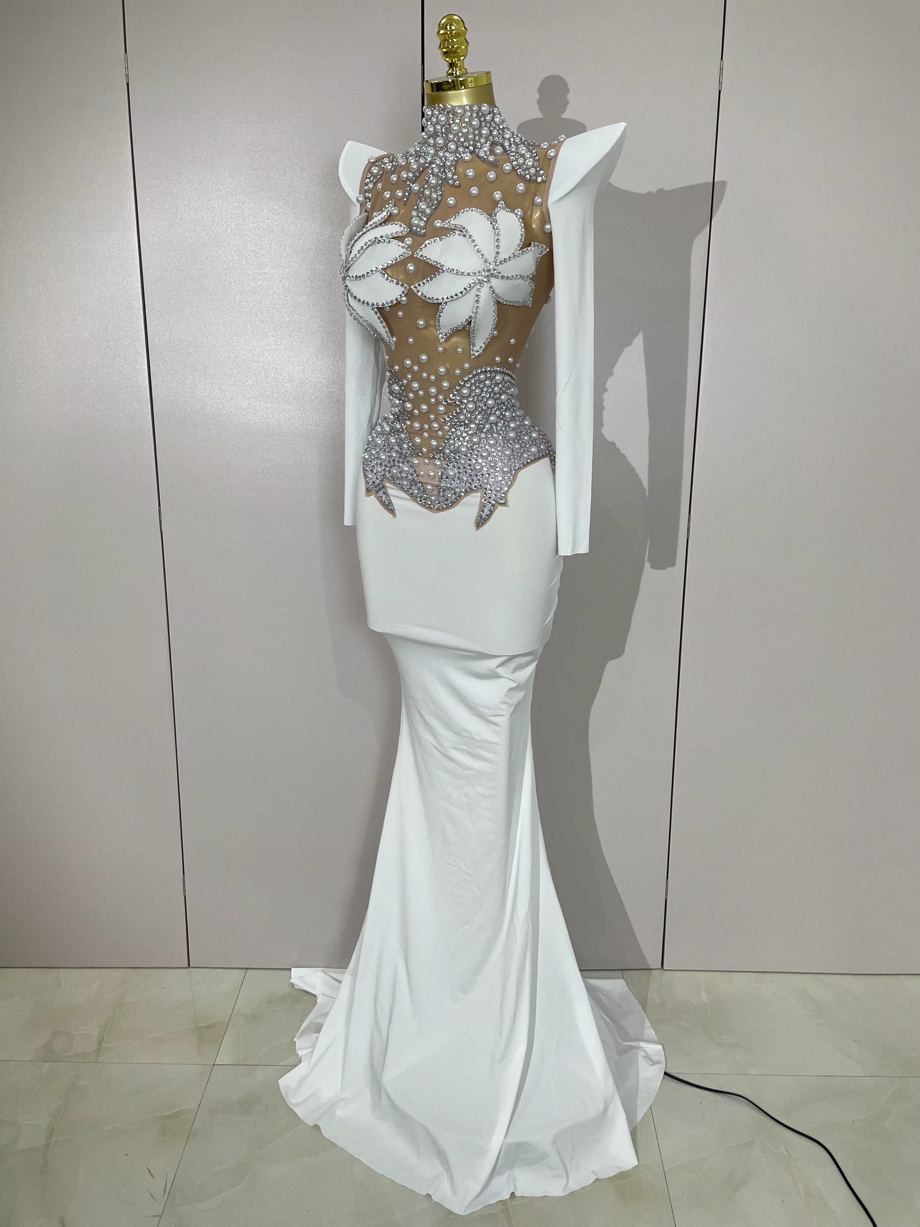 Robe longue de luxe en maille transparente pour femmes, diamants scintillants, blanc perle, robe de 