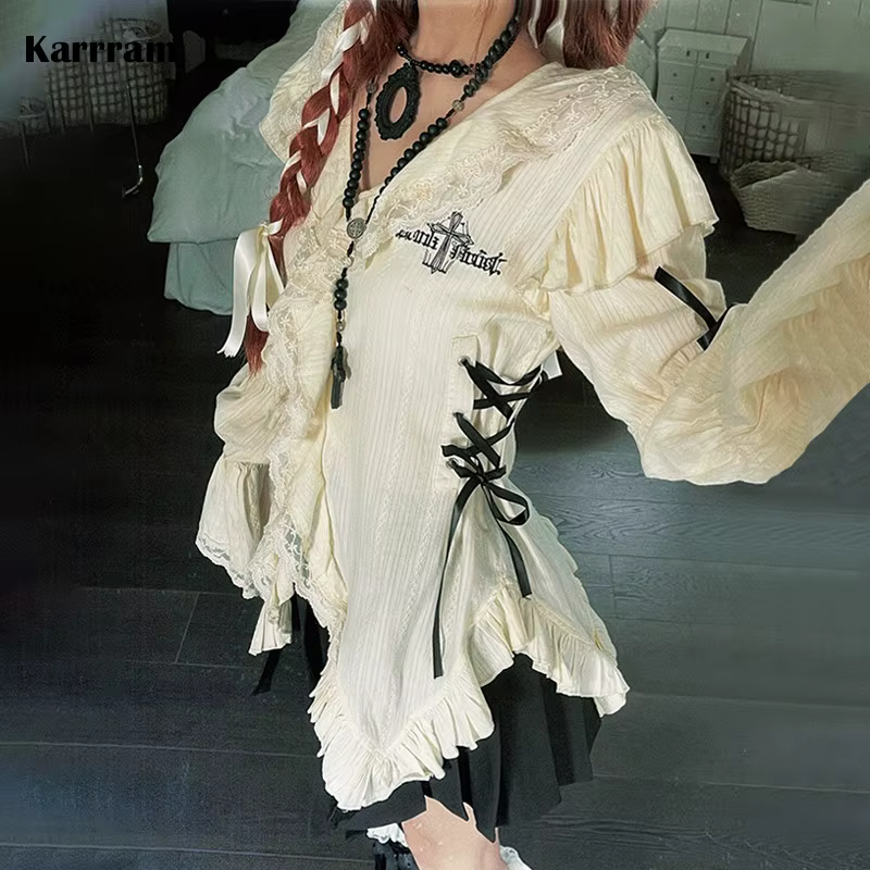 Chemise en dentelle esthétique, chemisiers irréguliers gothiques grunge, chemise bandage Harajuku, v