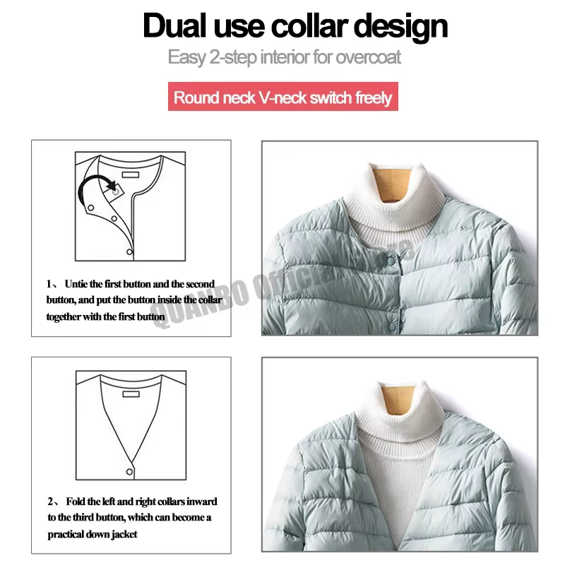 Veste en duvet de canard pour femme, col rond, col en v Variable, garde au chaud, sans col, manteau 