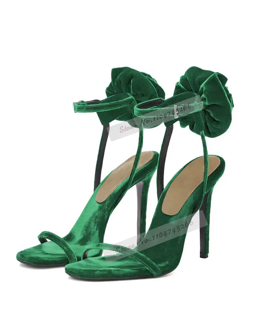 Sandales élégantes en velours turquoise à fleurs, talons fins, escarpins bordeaux à nœud papillon, c