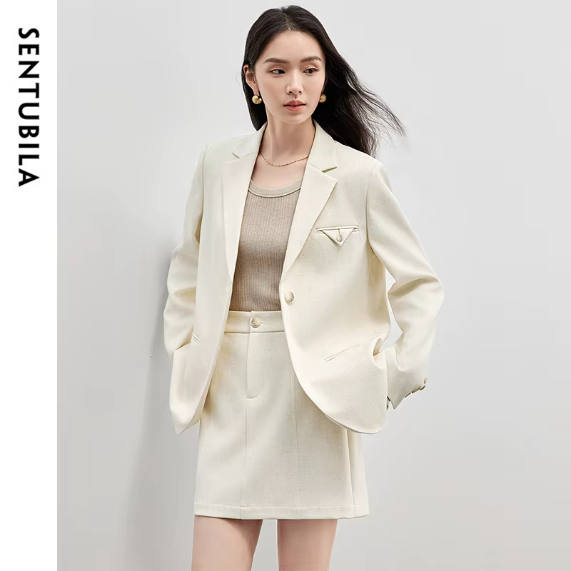SENTUBILA femmes jupe costumes lin mélange épaulettes simple bouton Blazer solide élégant Mini jupes