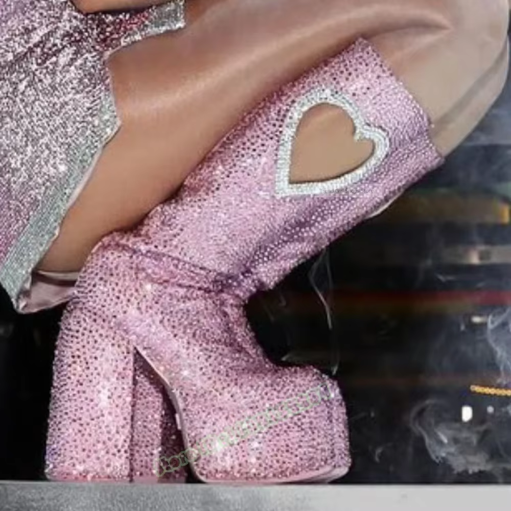 Cristal Bling nouvelles bottes bout rond semelle épaisse plate-forme genou bottes hautes gros talons