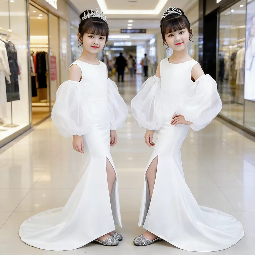 Robe sirène blanche sans bretelles pour filles avec traîne, tenue de cérémonie pour fête, costume de