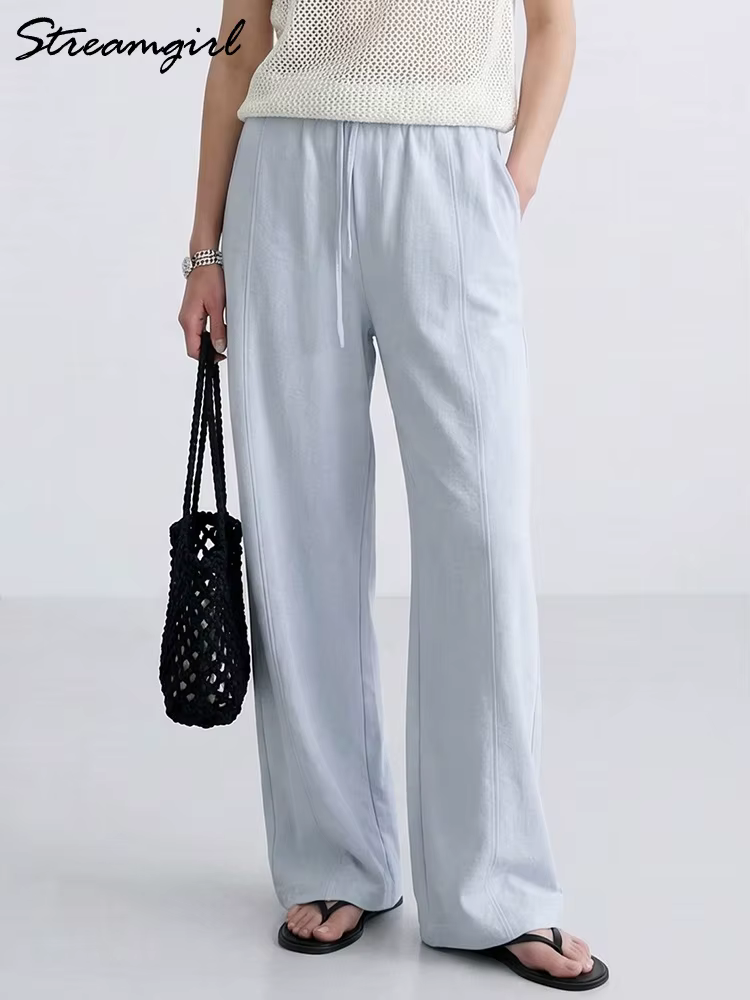 Pantalon d'été en coton pour femmes, coupe large, bleu, avec bande élastique, jambe droite, blanc, a