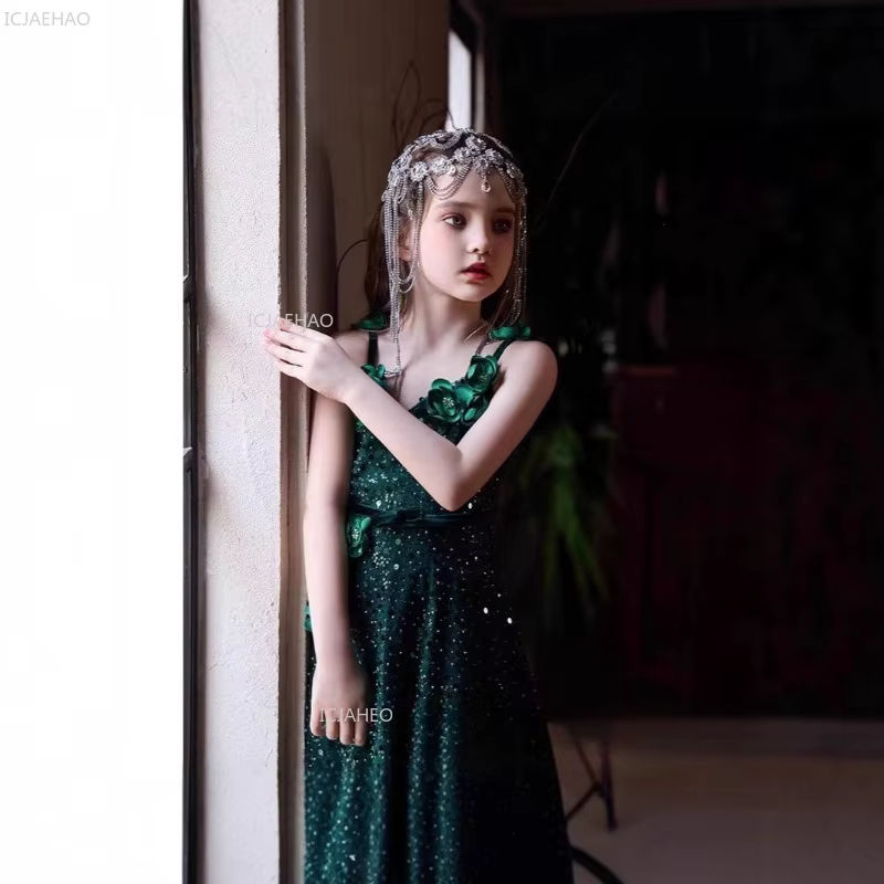 Robe de princesse vert forêt pour filles, robe de cérémonie pour enfants, robe de mariée pour filles
