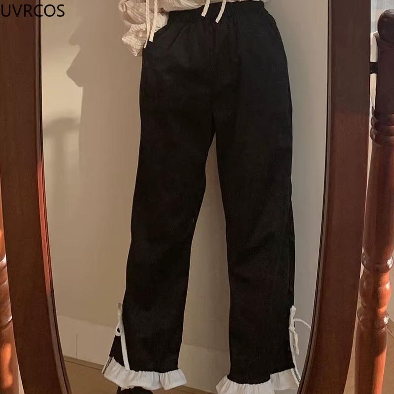 Pantalon en velours côtelé à nœud rose pour femme, style Sweet Lolita, volants Kawaii, bandage latér