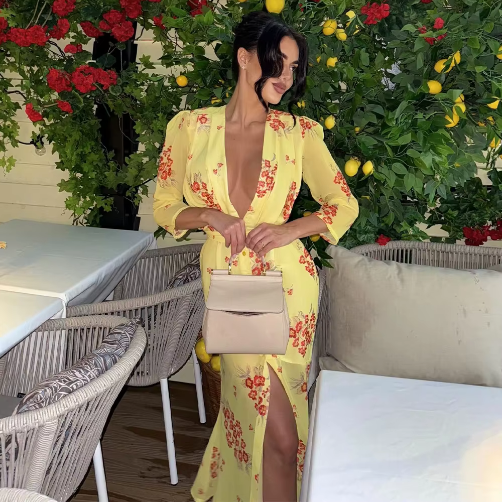 Akaily 2025 automne robe longue florale en mousseline de soie la plus vendue-robe moulante Sexy col 