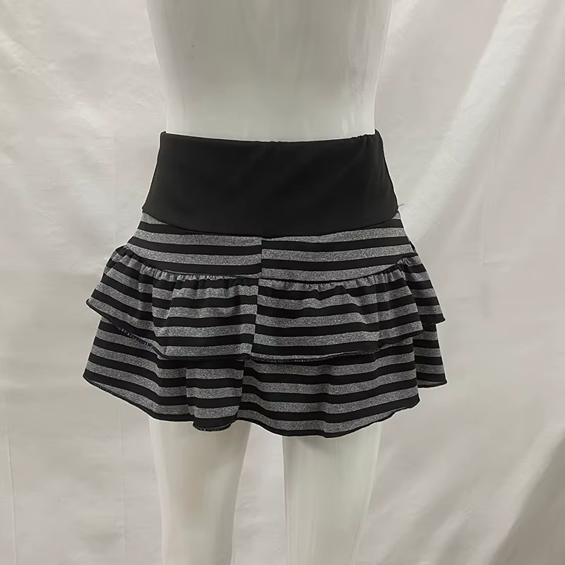 Mini jupe à volants rayée noire et grise, vêtements pour femmes Y2K Grunge, taille haute, taille éla