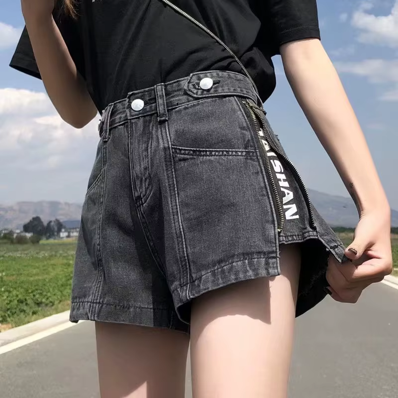 Shorts en jean noir Y2K coréen pour femme, taille haute, coupe trapèze, jambe large, amincissant, po