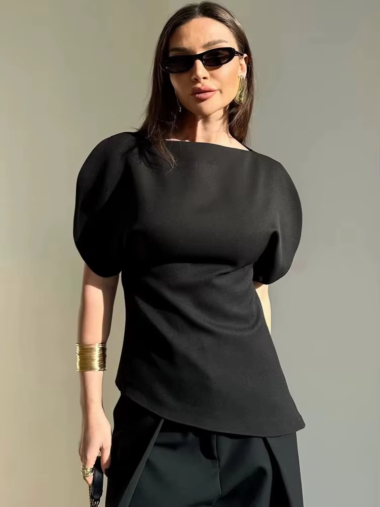 Blouse élégante blanche à manches bouffantes et ourlet asymétrique pour femme HH, col bateau uni, co
