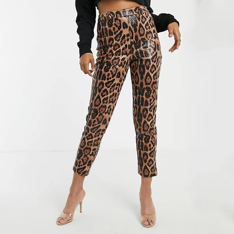 Leggings en similicuir PU imprimé léopard pour femmes, collants extensibles vintage, taille haute, s