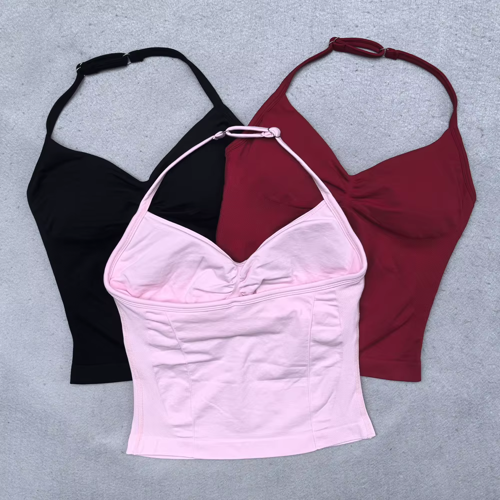 Ensemble de Yoga sans couture pour femmes, 2 pièces, débardeur rembourré, col licou, froissé, levage