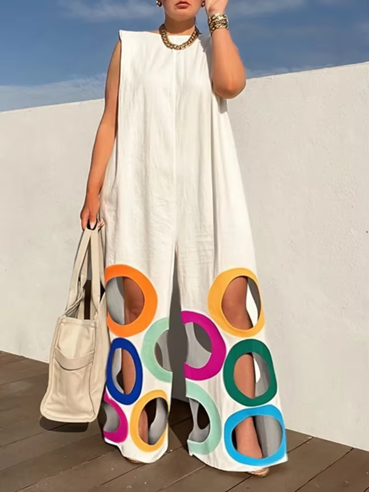 UOOZEE femmes été coloré cercle découpes évider combinaisons sans manches surdimensionné urbain déco