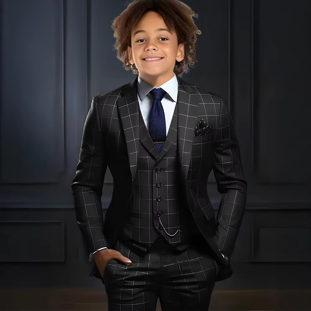 Ensemble de costume à carreaux pour garçons, 3 pièces : veste, pantalon, gilet, tenue de cérémonie,