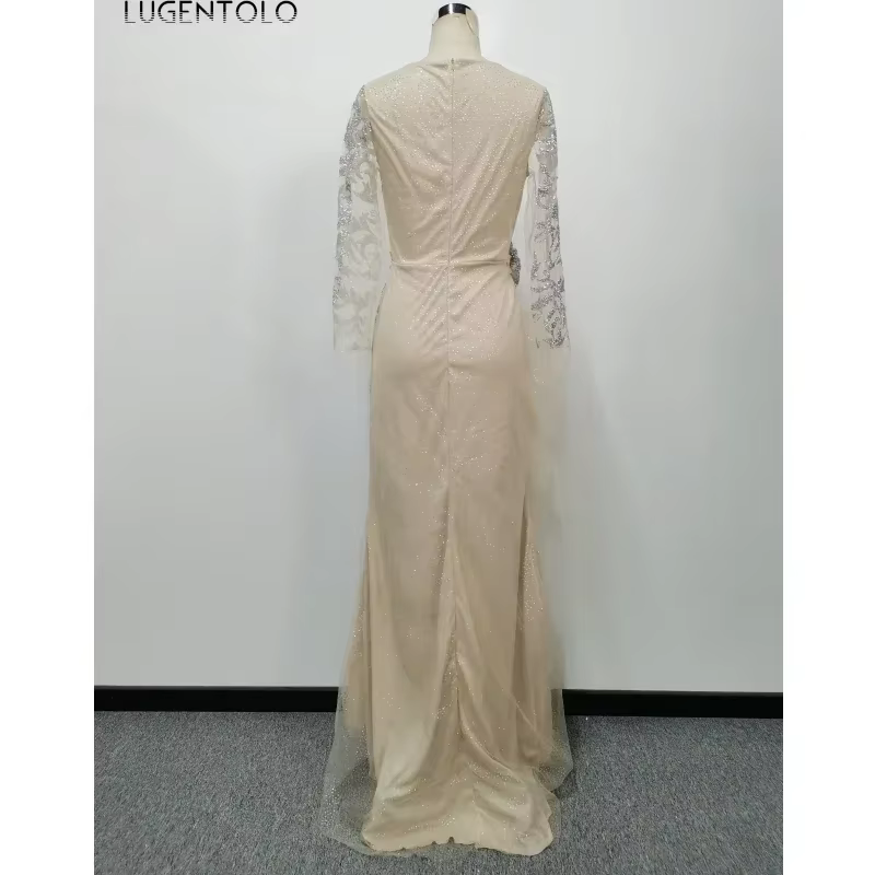 Lugentolo-Robe de soirée à paillettes pour femmes, nœud mince, manches longues, col rond, maille élé