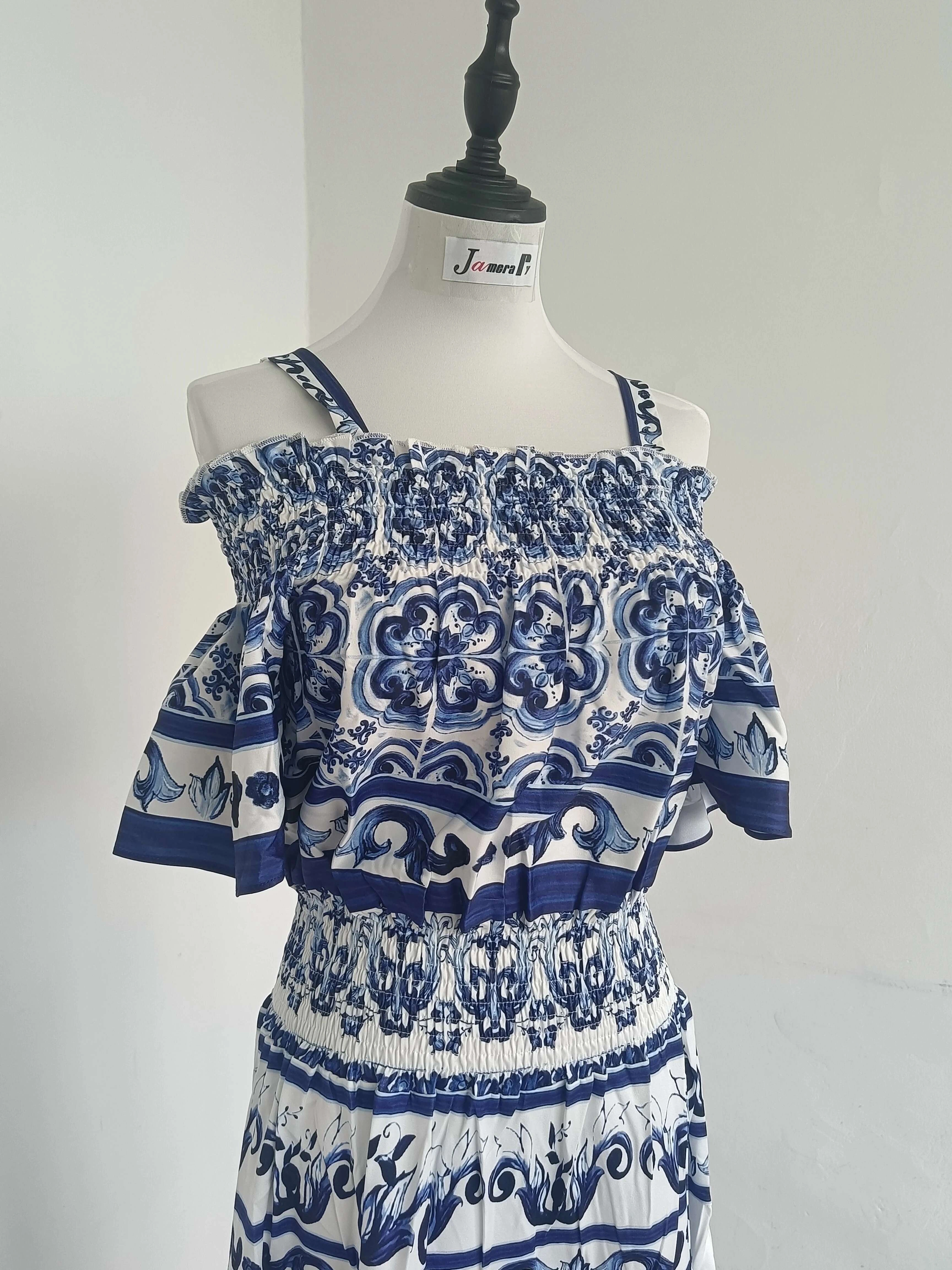Robe mi-longue en coton bleu et blanc avec imprimé porcelaine pour femme, robe de créateur de piste 