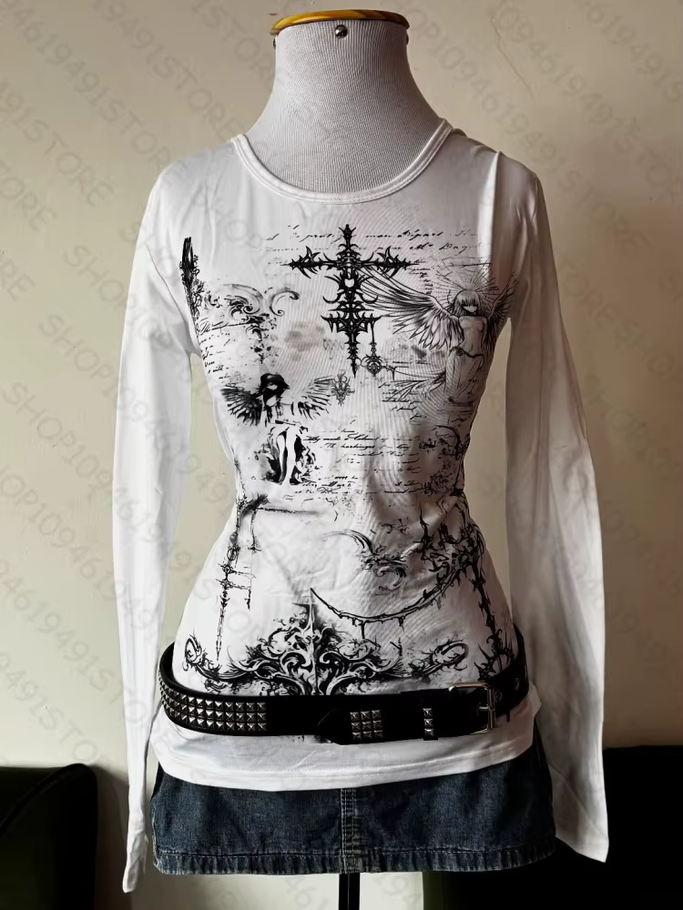 Y2k style esthétique doux et sexy haut à manches longues pour femmes décontracté gothique punk impri