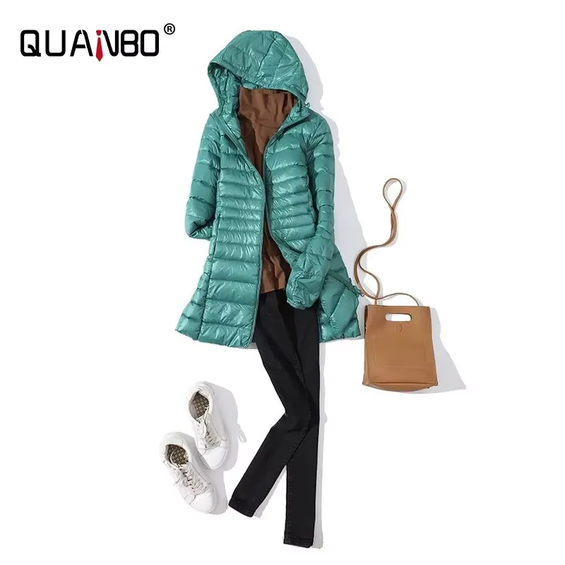 Doudoune Longue Chaude et Légère pour Femme, Manteau à Capuche, avec Sac de Rangement Portable, Long