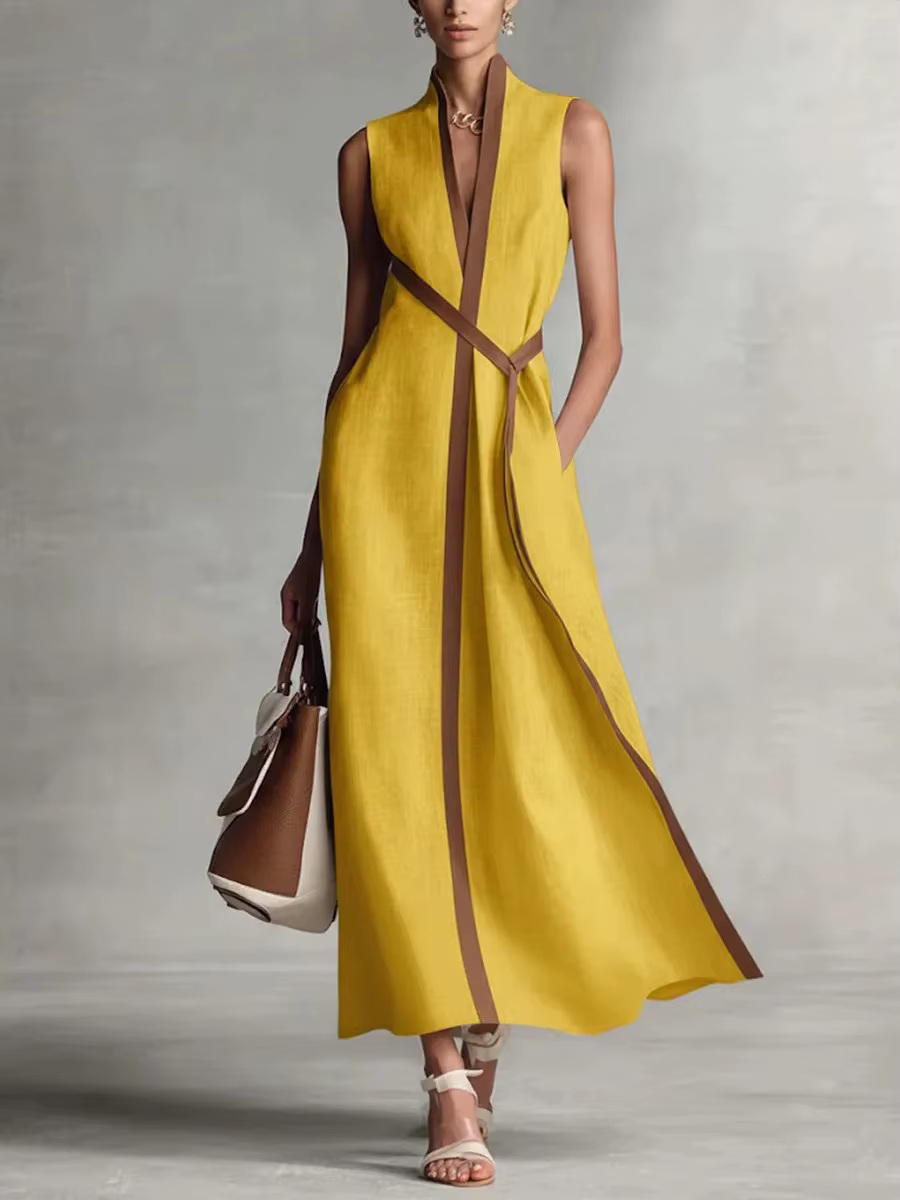 Nouvelle Robe Élégante Sans Manches Col V en Coton et Lin Coupe Slim Taille Haute Color-block 2026