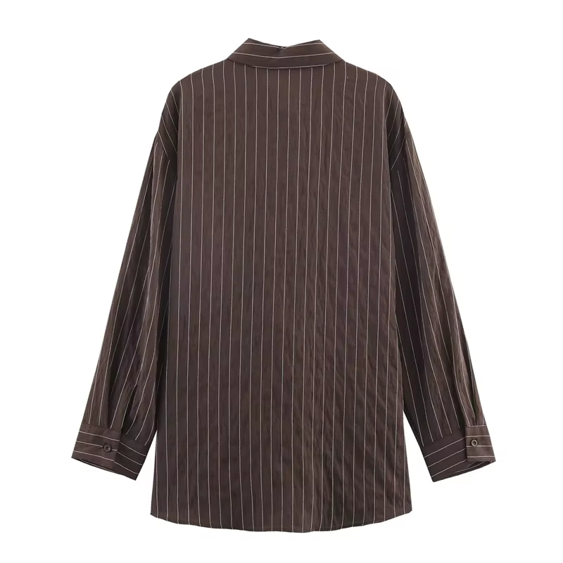 Chemise femme 2025 hiver nouveau Style chemise à manches longues rayée marron rougeâtre avec décor d