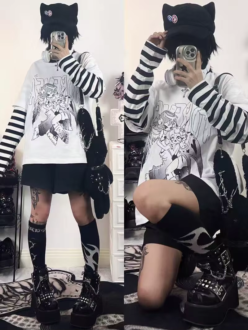 Mode rayure imprimé T-shirts basique t-shirt décontracté surdimensionné Patchwork hauts à manches lo