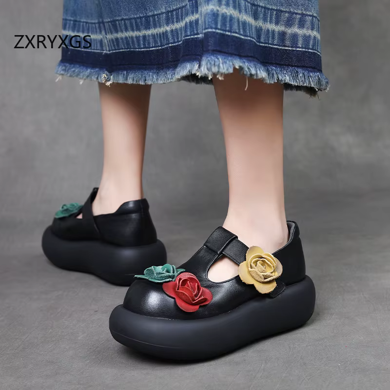 ZXRYXGS 2025 classique rétro haut peau de vache à la main fleur femmes chaussures à la mode plate-fo